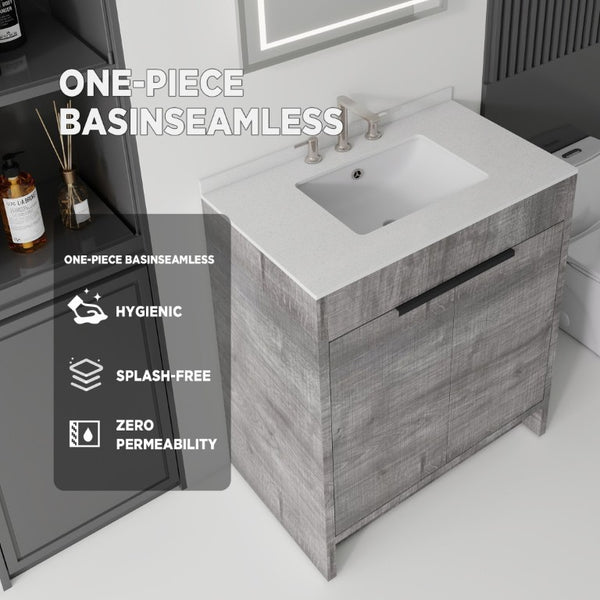 English Elm 30 Inch Freestanding Bathroom Vanity Plywood Cabinet Soft Close Cultured Marble Top Grey Granite White B2775S00175
