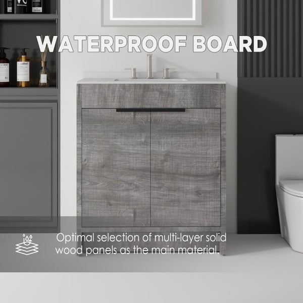 English Elm 30 Inch Freestanding Bathroom Vanity Plywood Cabinet Soft Close Cultured Marble Top Grey Granite White B2775S00175