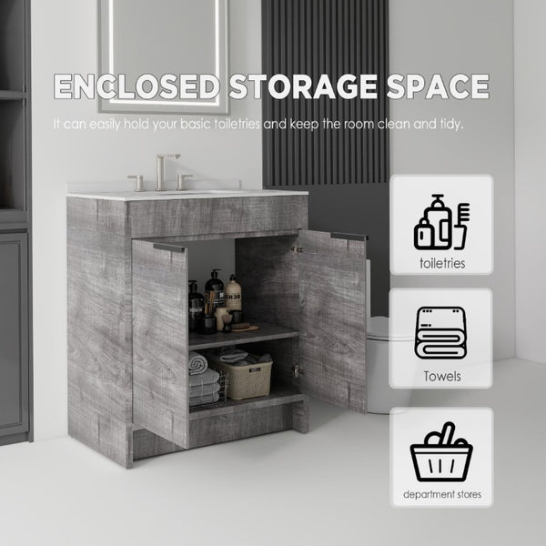 English Elm 30 Inch Freestanding Bathroom Vanity Plywood Cabinet Soft Close Cultured Marble Top Grey Granite White B2775S00175