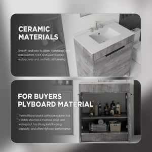 English Elm 30 Inch Freestanding Bathroom Vanity Plywood Cabinet Soft Close Cultured Marble Top Grey Granite White B2775S00175