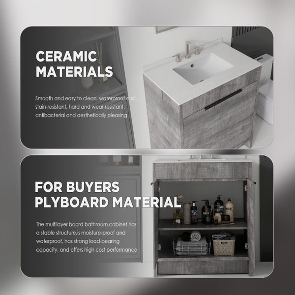 English Elm 30 Inch Freestanding Bathroom Vanity Plywood Cabinet Soft Close Cultured Marble Top Grey Granite White B2775S00175