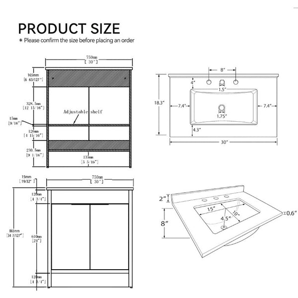 English Elm 30 Inch Freestanding Bathroom Vanity Plywood Cabinet Soft Close Cultured Marble Top Grey Granite White B2775S00175