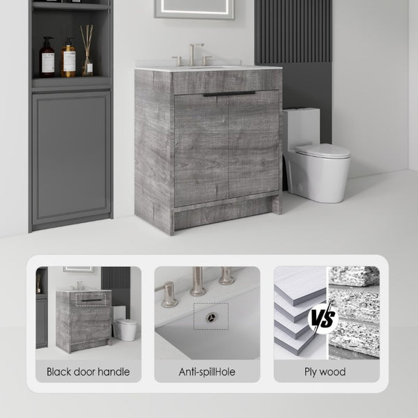 English Elm 30 Inch Freestanding Bathroom Vanity Plywood Cabinet Soft Close Cultured Marble Top Grey Granite White B2775S00175