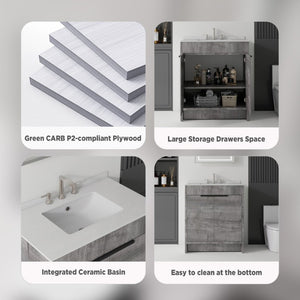 English Elm 30 Inch Freestanding Bathroom Vanity Plywood Cabinet Soft Close Cultured Marble Top Grey Granite White B2775S00175