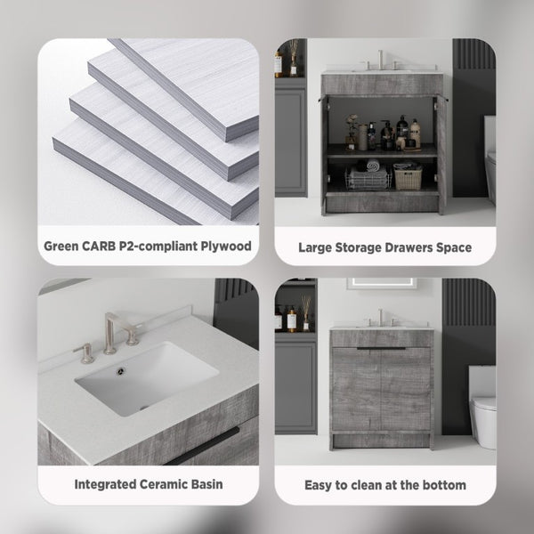 English Elm 30 Inch Freestanding Bathroom Vanity Plywood Cabinet Soft Close Cultured Marble Top Grey Granite White B2775S00175