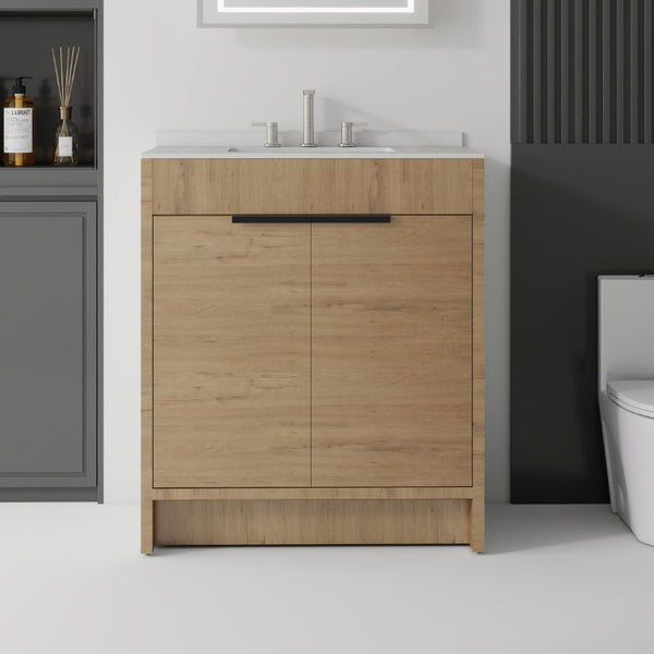 English Elm 30 Inch Freestanding Bathroom Vanity Plywood Cabinet Soft Close Cultured Marble Top Oak Granite White B2775S00176