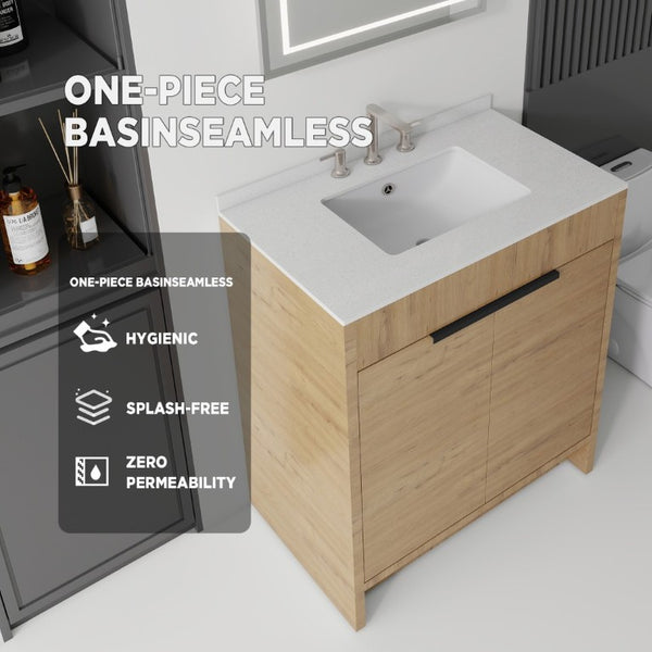 English Elm 30 Inch Freestanding Bathroom Vanity Plywood Cabinet Soft Close Cultured Marble Top Oak Granite White B2775S00176