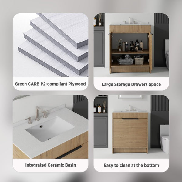 English Elm 30 Inch Freestanding Bathroom Vanity Plywood Cabinet Soft Close Cultured Marble Top Oak Granite White B2775S00176