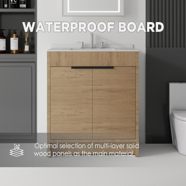 English Elm 30 Inch Freestanding Bathroom Vanity Plywood Cabinet Soft Close Cultured Marble Top Oak Granite White B2775S00176