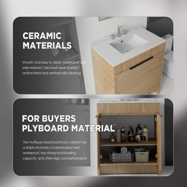 English Elm 30 Inch Freestanding Bathroom Vanity Plywood Cabinet Soft Close Cultured Marble Top Oak Granite White B2775S00176