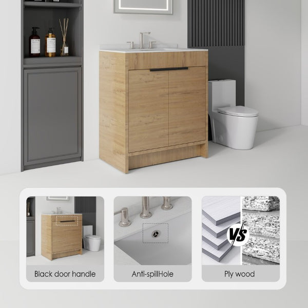English Elm 30 Inch Freestanding Bathroom Vanity Plywood Cabinet Soft Close Cultured Marble Top Oak Granite White B2775S00176