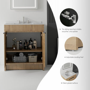 English Elm 30 Inch Freestanding Bathroom Vanity Plywood Cabinet Soft Close Cultured Marble Top Oak Granite White B2775S00176
