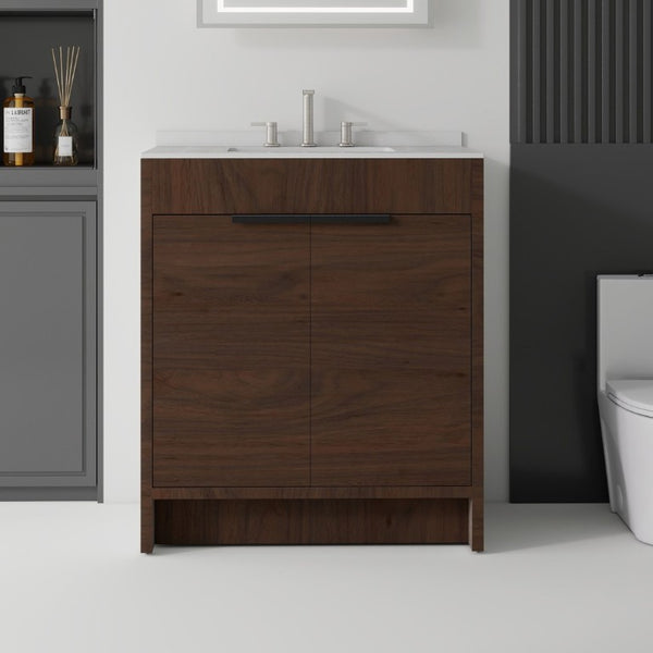 English Elm 30 Inch Freestanding Bathroom Vanity Plywood Cabinet Soft Close Cultured Marble Top Brown Granite White B2775S00177