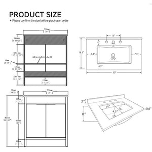 English Elm 30 Inch Freestanding Bathroom Vanity Plywood Cabinet Soft Close Cultured Marble Top Brown Granite White B2775S00177
