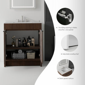 English Elm 30 Inch Freestanding Bathroom Vanity Plywood Cabinet Soft Close Cultured Marble Top Brown Granite White B2775S00177