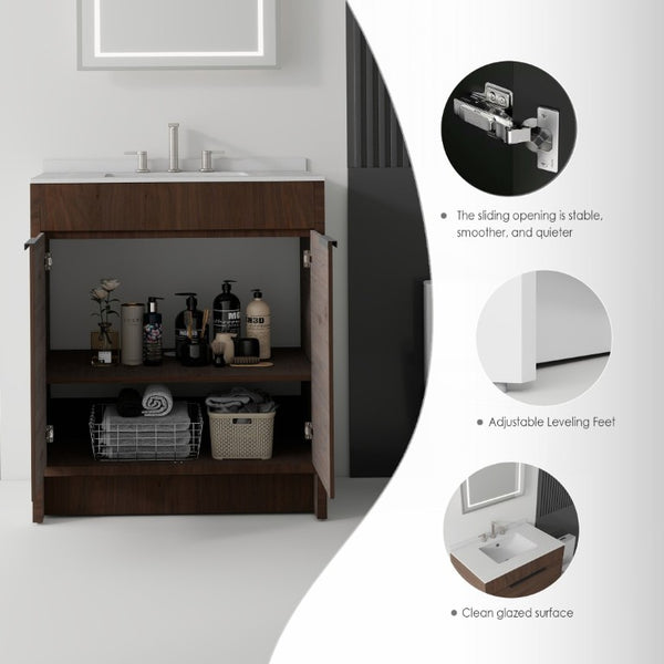 English Elm 30 Inch Freestanding Bathroom Vanity Plywood Cabinet Soft Close Cultured Marble Top Brown Granite White B2775S00177
