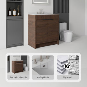 English Elm 30 Inch Freestanding Bathroom Vanity Plywood Cabinet Soft Close Cultured Marble Top Brown Granite White B2775S00177