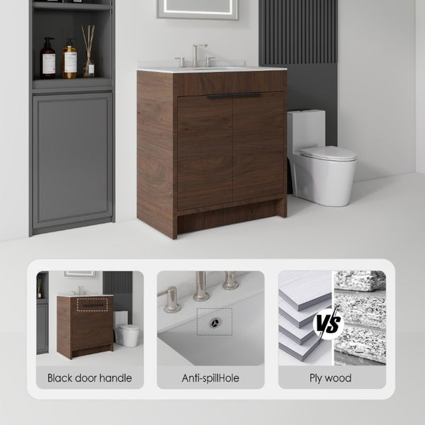 English Elm 30 Inch Freestanding Bathroom Vanity Plywood Cabinet Soft Close Cultured Marble Top Brown Granite White B2775S00177