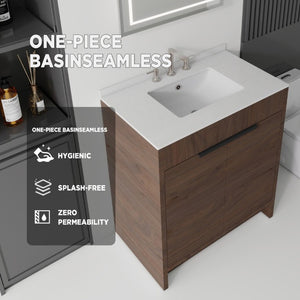 English Elm 30 Inch Freestanding Bathroom Vanity Plywood Cabinet Soft Close Cultured Marble Top Brown Granite White B2775S00177