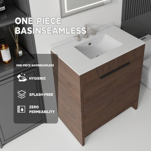 English Elm 30 Inch Freestanding Bathroom Vanity Plywood Cabinet Soft Close Cultured Marble Top Brown Granite White B2775S00177