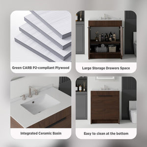 English Elm 30 Inch Freestanding Bathroom Vanity Plywood Cabinet Soft Close Cultured Marble Top Brown Granite White B2775S00177