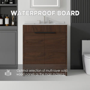 English Elm 30 Inch Freestanding Bathroom Vanity Plywood Cabinet Soft Close Cultured Marble Top Brown Granite White B2775S00177