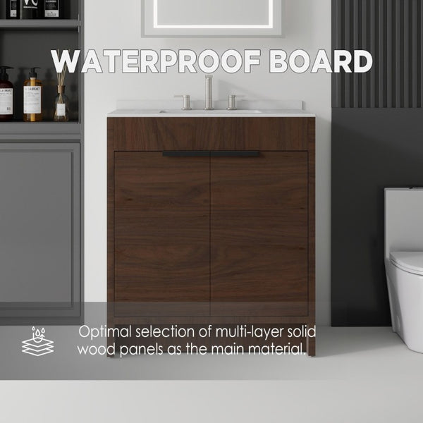 English Elm 30 Inch Freestanding Bathroom Vanity Plywood Cabinet Soft Close Cultured Marble Top Brown Granite White B2775S00177