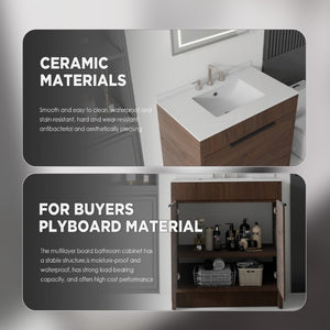 English Elm 30 Inch Freestanding Bathroom Vanity Plywood Cabinet Soft Close Cultured Marble Top Brown Granite White B2775S00177