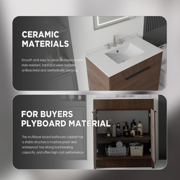 English Elm 30 Inch Freestanding Bathroom Vanity Plywood Cabinet Soft Close Cultured Marble Top Brown Granite White B2775S00177