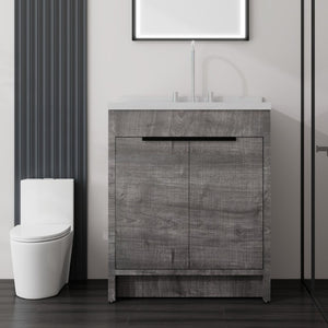 English Elm 30 Inch Bathroom Vanity with Cultured Marble Top Undermount Sink and Soft Close Door Grey Carrara White B2775S00178