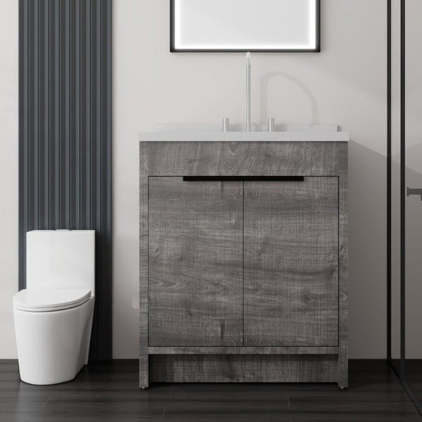 English Elm 30 Inch Bathroom Vanity with Cultured Marble Top Undermount Sink and Soft Close Door Grey Carrara White B2775S00178