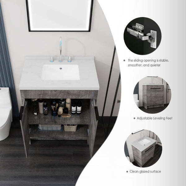 English Elm 30 Inch Bathroom Vanity with Cultured Marble Top Undermount Sink and Soft Close Door Grey Carrara White B2775S00178