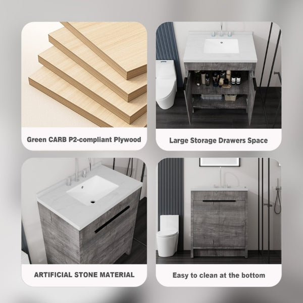 English Elm 30 Inch Bathroom Vanity with Cultured Marble Top Undermount Sink and Soft Close Door Grey Carrara White B2775S00178