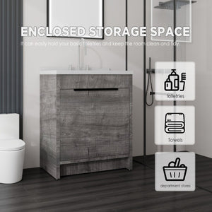 English Elm 30 Inch Bathroom Vanity with Cultured Marble Top Undermount Sink and Soft Close Door Grey Carrara White B2775S00178