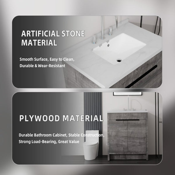 English Elm 30 Inch Bathroom Vanity with Cultured Marble Top Undermount Sink and Soft Close Door Grey Carrara White B2775S00178