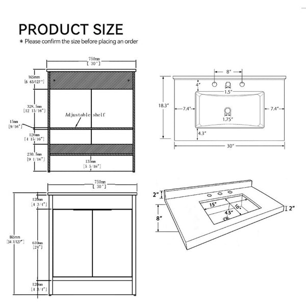 English Elm 30 Inch Bathroom Vanity with Cultured Marble Top Undermount Sink and Soft Close Door Grey Carrara White B2775S00178