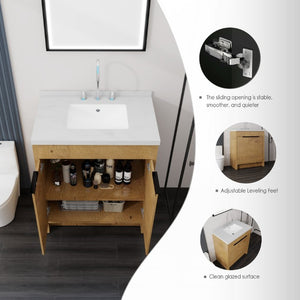 English Elm 30 Inch Bathroom Vanity with Cultured Marble Top Undermount Sink and Soft Close Door Oak Carrara White B2775S00179