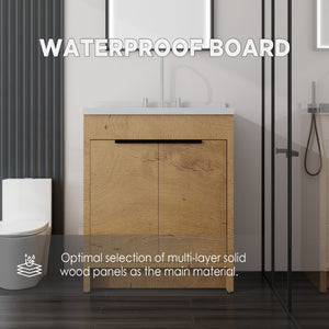 English Elm 30 Inch Bathroom Vanity with Cultured Marble Top Undermount Sink and Soft Close Door Oak Carrara White B2775S00179