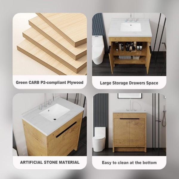 English Elm 30 Inch Bathroom Vanity with Cultured Marble Top Undermount Sink and Soft Close Door Oak Carrara White B2775S00179