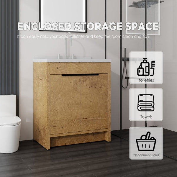 English Elm 30 Inch Bathroom Vanity with Cultured Marble Top Undermount Sink and Soft Close Door Oak Carrara White B2775S00179