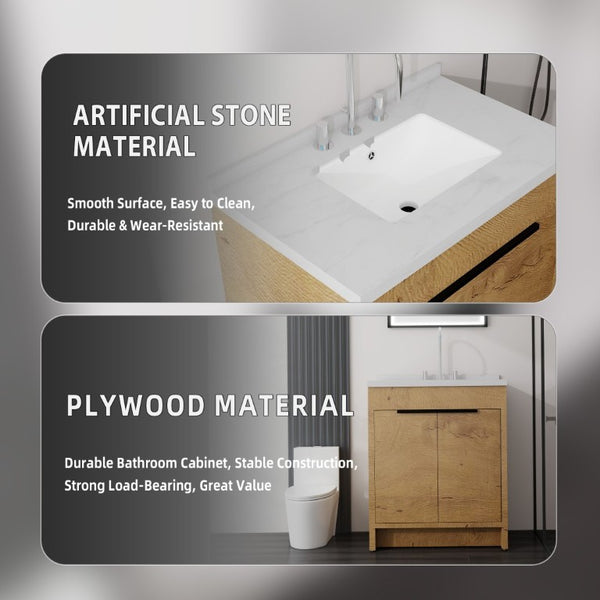 English Elm 30 Inch Bathroom Vanity with Cultured Marble Top Undermount Sink and Soft Close Door Oak Carrara White B2775S00179