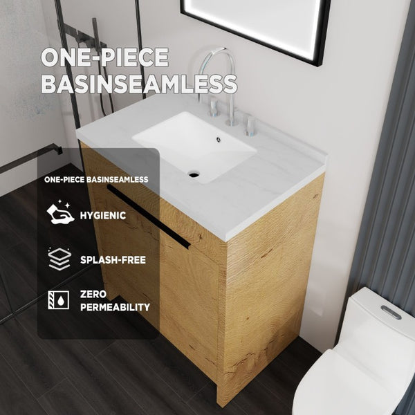 English Elm 30 Inch Bathroom Vanity with Cultured Marble Top Undermount Sink and Soft Close Door Oak Carrara White B2775S00179