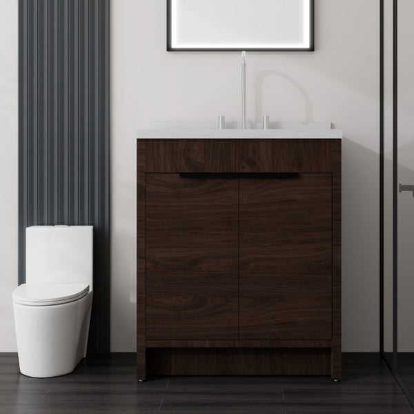 English Elm 30 Inch Bathroom Vanity with Cultured Marble Top Undermount Sink and Soft Close Door Brown Carrara White B2775S00180