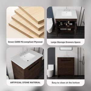 English Elm 30 Inch Bathroom Vanity with Cultured Marble Top Undermount Sink and Soft Close Door Brown Carrara White B2775S00180