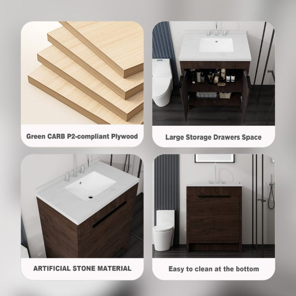 English Elm 30 Inch Bathroom Vanity with Cultured Marble Top Undermount Sink and Soft Close Door Brown Carrara White B2775S00180