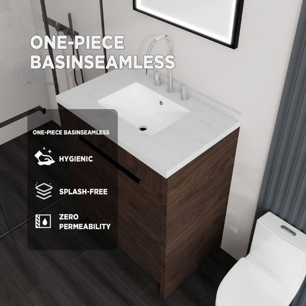 English Elm 30 Inch Bathroom Vanity with Cultured Marble Top Undermount Sink and Soft Close Door Brown Carrara White B2775S00180