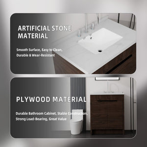 English Elm 30 Inch Bathroom Vanity with Cultured Marble Top Undermount Sink and Soft Close Door Brown Carrara White B2775S00180