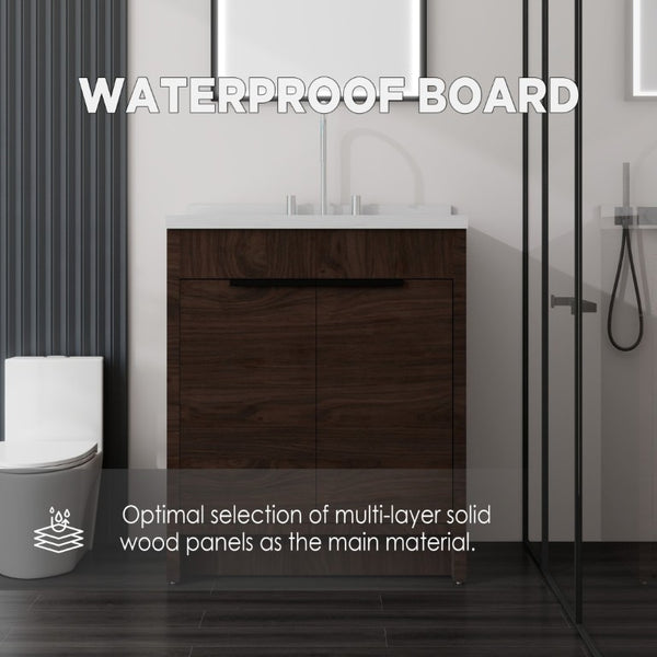 English Elm 30 Inch Bathroom Vanity with Cultured Marble Top Undermount Sink and Soft Close Door Brown Carrara White B2775S00180