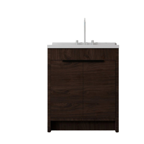 English Elm 30 Inch Bathroom Vanity with Cultured Marble Top Undermount Sink and Soft Close Door Brown Carrara White B2775S00180