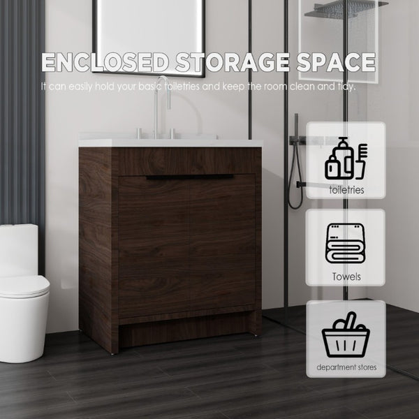 English Elm 30 Inch Bathroom Vanity with Cultured Marble Top Undermount Sink and Soft Close Door Brown Carrara White B2775S00180